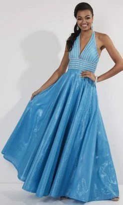 Studio 17 - 12733 V Neck Halter Rhinestone Beaded Shimmer Taffeta Gown