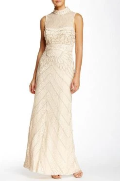 Sue Wong Illusion High Neck Beaded Chevron Gown Formal Gowns