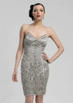 Sue Wong - V-neck Beaded Sheath Dress N3213 - 1 Pc Platinum In Size 6 Available Cocktail Dresses