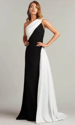 Tadashi Shoji - ALG19908L Asymmetrical Neck Pleated Long Gown - 1 Pc Black/White In Size 8 Available