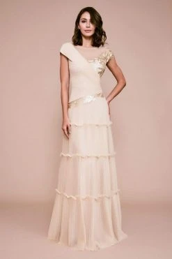 Formal Gowns Tadashi Shoji - Embellished Cap Sleeve Tiered A-line Dress - 1 Pc Gold In Size 4 Available 7 Formal Gowns Tadashi Shoji - Embellished Cap Sleeve Tiered A-line Dress - 1 Pc Gold In Size 4 Available