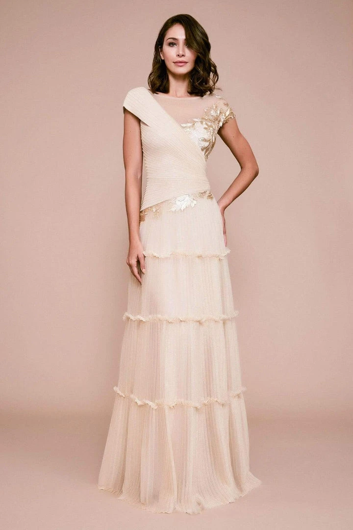 Formal Gowns Tadashi Shoji - Embellished Cap Sleeve Tiered A-line Dress - 1 Pc Gold In Size 4 Available 4 Formal Gowns Tadashi Shoji - Embellished Cap Sleeve Tiered A-line Dress - 1 Pc Gold In Size 4 Available