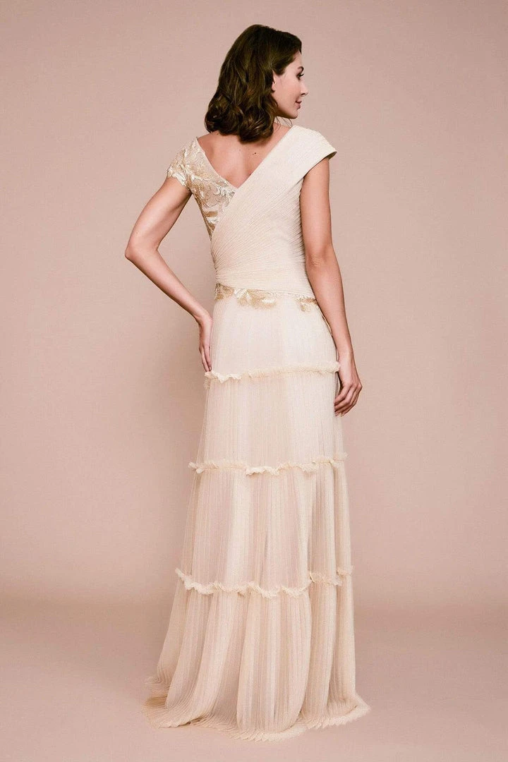 Formal Gowns Tadashi Shoji - Embellished Cap Sleeve Tiered A-line Dress - 1 Pc Gold In Size 4 Available 5 Formal Gowns Tadashi Shoji - Embellished Cap Sleeve Tiered A-line Dress - 1 Pc Gold In Size 4 Available