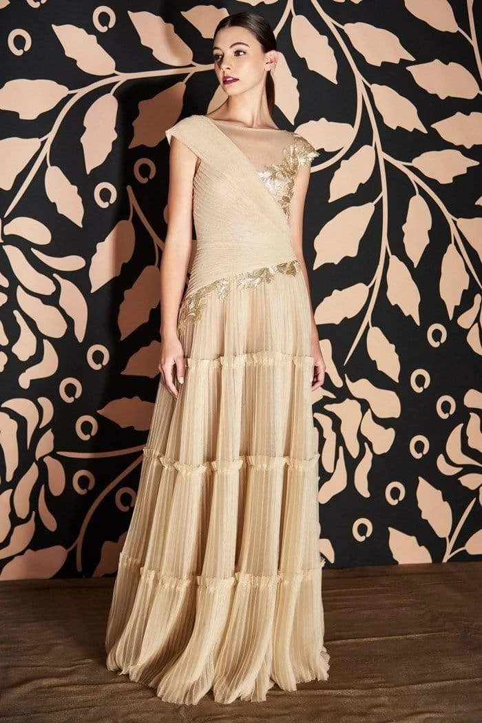 Formal Gowns Tadashi Shoji - Embellished Cap Sleeve Tiered A-line Dress - 1 Pc Gold In Size 4 Available 3 Formal Gowns Tadashi Shoji - Embellished Cap Sleeve Tiered A-line Dress - 1 Pc Gold In Size 4 Available
