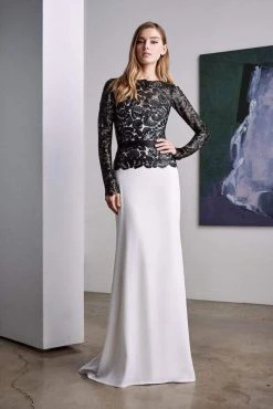 Formal Gowns Tadashi Shoji - Long Illusion Floral Lace Sheath Gown - 1 Pc Platinum/Navy In Size 6 Available