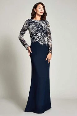 Tadashi Shoji - Long Sleeve Embroidered Sheath Dress BOQ16206LXY - 2 Pcs Navy/White In Size 10 And 18 Available