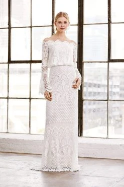 Formal Gowns Tadashi Shoji - Off Shoulder Bell Sleeves Evening Dress - 1 Pc Ivory In Size 2 Available