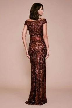 Formal Gowns Tadashi Shoji - Scalloped Off Shoulder Long Sequined Sheath Gown - 1 Pc Raisin/Nude In Size 16 Available 6 Formal Gowns Tadashi Shoji - Scalloped Off Shoulder Long Sequined Sheath Gown - 1 Pc Raisin/Nude In Size 16 Available