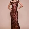 Formal Gowns Tadashi Shoji - Scalloped Off Shoulder Long Sequined Sheath Gown - 1 Pc Raisin/Nude In Size 16 Available 2 Formal Gowns Tadashi Shoji - Scalloped Off Shoulder Long Sequined Sheath Gown - 1 Pc Raisin/Nude In Size 16 Available