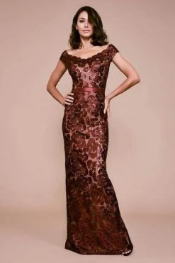 Formal Gowns Tadashi Shoji - Scalloped Off Shoulder Long Sequined Sheath Gown - 1 Pc Raisin/Nude In Size 16 Available