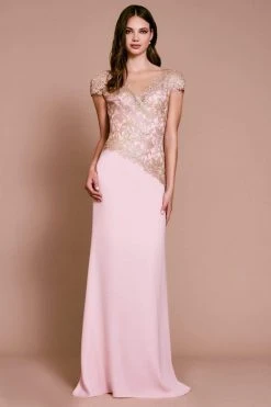 Tadashi Shoji - Short Sleeve Metallic Applique Gown - 1 Pc Petal/Gold In Size 6 Available Formal Gowns