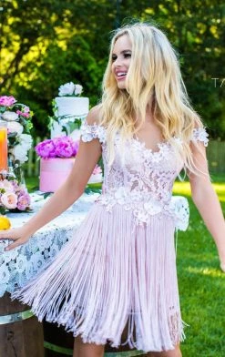 Tarik Ediz - 50256 Beaded Floral Off Shoulder Fringe Dress Cocktail Dresses