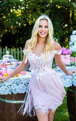 Tarik Ediz - 50256 Beaded Floral Off Shoulder Fringe Dress Cocktail Dresses