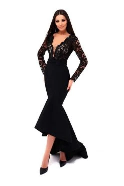 Tarik Ediz - 50303 Lacy Deep V-neck High Low Mermaid Gown Formal Gowns