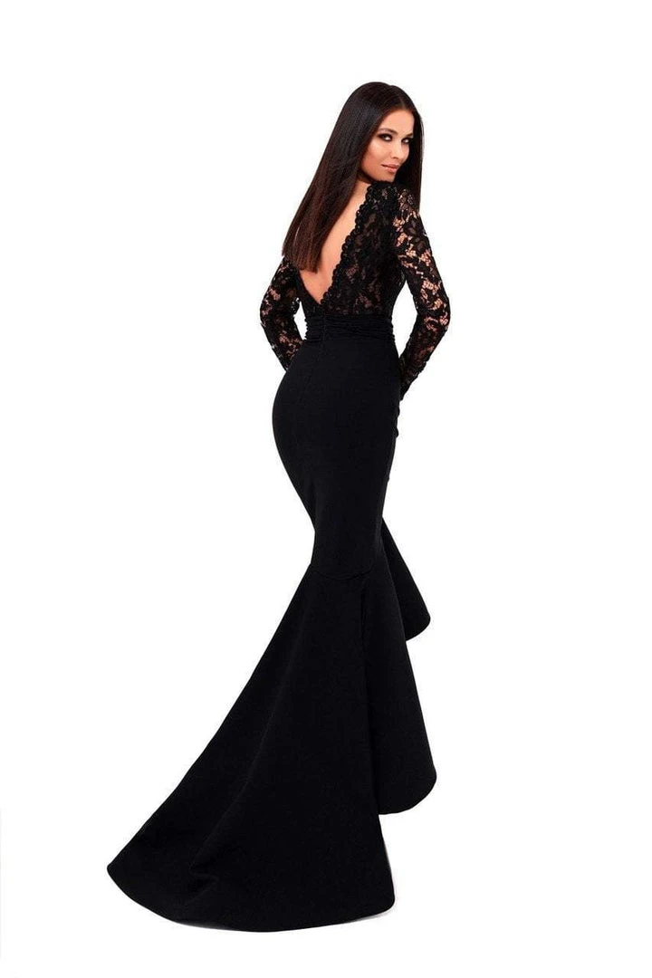 Tarik Ediz - 50303 Lacy Deep V-neck High Low Mermaid Gown Formal Gowns 4 Tarik Ediz - 50303 Lacy Deep V-neck High Low Mermaid Gown Formal Gowns