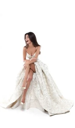 Formal Gowns Tarik Ediz - 50404 V-neck Jacquard Pleated Ballgown