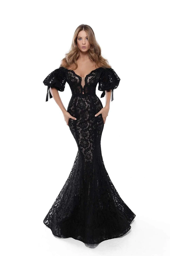 Formal Gowns Tarik Ediz - 50411 Puffed Sleeve Plunging Off Shoulder Lace Gown 3 Formal Gowns Tarik Ediz - 50411 Puffed Sleeve Plunging Off Shoulder Lace Gown