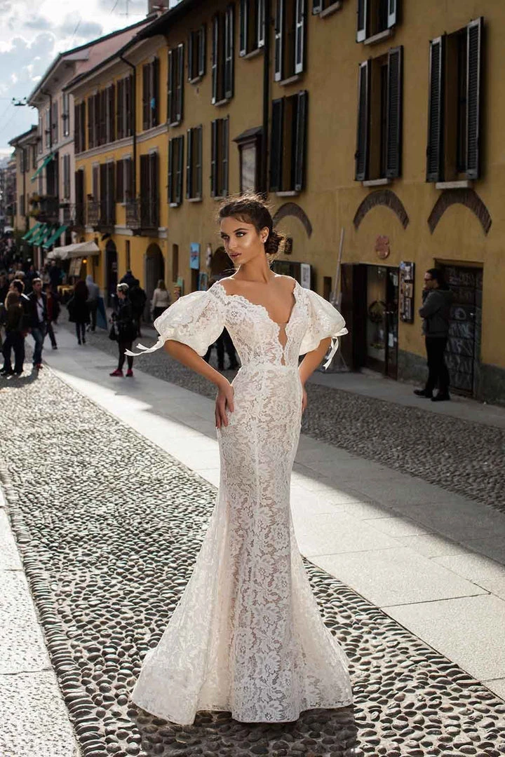 Formal Gowns Tarik Ediz - 50411 Puffed Sleeve Plunging Off Shoulder Lace Gown 7 Formal Gowns Tarik Ediz - 50411 Puffed Sleeve Plunging Off Shoulder Lace Gown