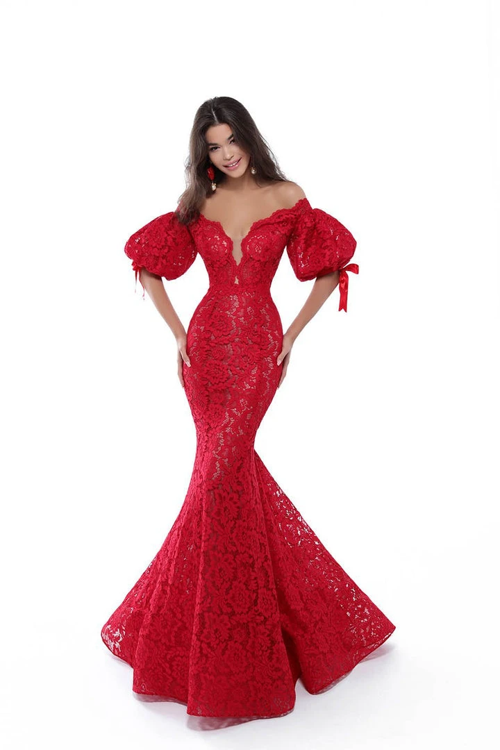 Formal Gowns Tarik Ediz - 50411 Puffed Sleeve Plunging Off Shoulder Lace Gown 5 Formal Gowns Tarik Ediz - 50411 Puffed Sleeve Plunging Off Shoulder Lace Gown