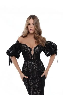 Formal Gowns Tarik Ediz - 50411 Puffed Sleeve Plunging Off Shoulder Lace Gown 8 Formal Gowns Tarik Ediz - 50411 Puffed Sleeve Plunging Off Shoulder Lace Gown