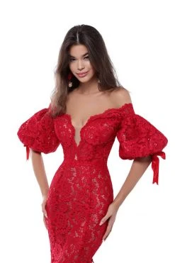 Formal Gowns Tarik Ediz - 50411 Puffed Sleeve Plunging Off Shoulder Lace Gown 10 Formal Gowns Tarik Ediz - 50411 Puffed Sleeve Plunging Off Shoulder Lace Gown