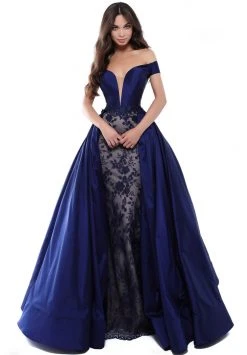 Tarik Ediz - 50426 Floral Lace Deep Off-Shoulder Gown With Overskirt Formal Gowns