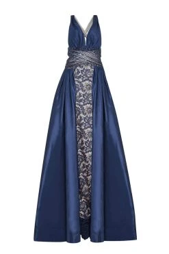 Tarik Ediz - 50434 Deep V-neck Lace Sheath Dress With Overskirt