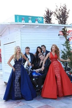 Tarik Ediz - 50434 Deep V-neck Lace Sheath Dress With Overskirt