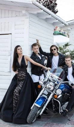 Tarik Ediz - 50434 Deep V-neck Lace Sheath Dress With Overskirt