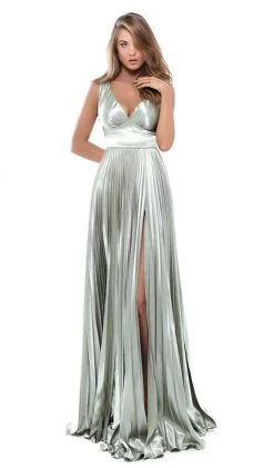 Tarik Ediz - 50443 Plunging V-neck Satin Pleated A-line Dress Formal Gowns