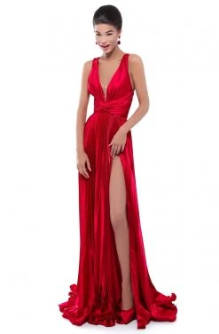 Tarik Ediz - 50449 Plunging V-Neck Pleated Gown With Slit