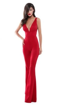 Tarik Ediz - 50482 Plunging V-Neck Open Back Jumpsuit
