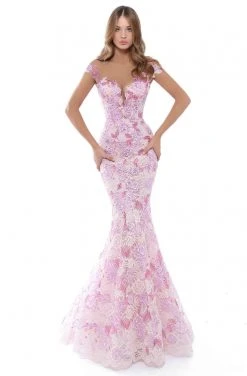 Formal Gowns Tarik Ediz - 50493 Floral Lace Cap Sleeve Mermaid Gown With Train
