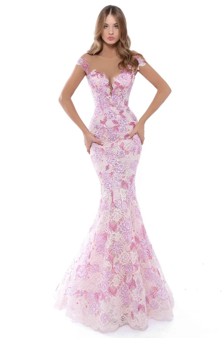 Formal Gowns Tarik Ediz - 50493 Floral Lace Cap Sleeve Mermaid Gown With Train 3 Formal Gowns Tarik Ediz - 50493 Floral Lace Cap Sleeve Mermaid Gown With Train
