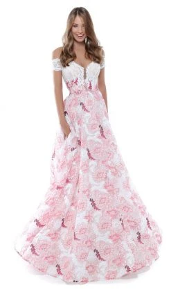 Formal Gowns Tarik Ediz - 50496 Floral Lace Plunging Off-Shoulder A-line Dress