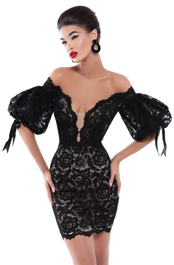 Tarik Ediz - 50533 Puffed Sleeve Off Shoulder Lace Sheath Dress Cocktail Dresses 3 Tarik Ediz - 50533 Puffed Sleeve Off Shoulder Lace Sheath Dress Cocktail Dresses