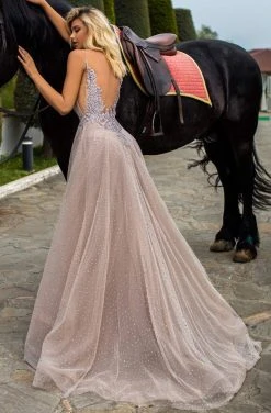 Formal Gowns Tarik Ediz - 50624 Rhinestone Dotted Tulle Plunging Gown