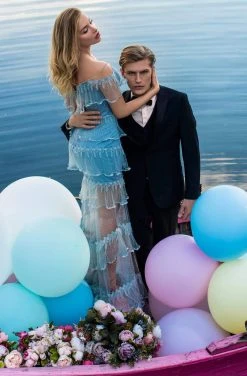 Formal Gowns Tarik Ediz - 50625 Cold Shoulders Tiered Ruffle Sheer Tulle Dress