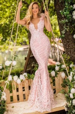 Tarik Ediz - 50652 Embroidered Deep V-neck Trumpet Dress Formal Gowns