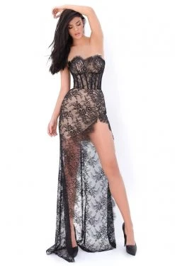 Formal Gowns Tarik Ediz - 50673 Long Sleeve Fishnet Draped Lace Gown