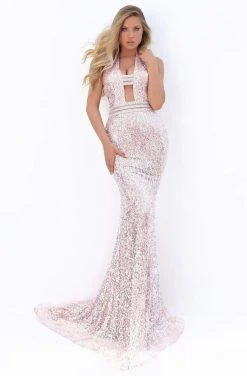 Tarik Ediz - 50712 Sequined Deep Halter V-neck Trumpet Dress