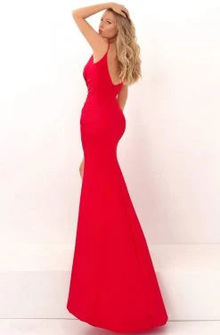 Tarik Ediz - 50715 Deep V-neck Trumpet Dress With Slit And Train