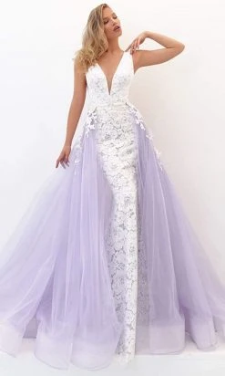 Tarik Ediz - 50732 Embellished Deep V-neck Dress With Overskirt Formal Gowns