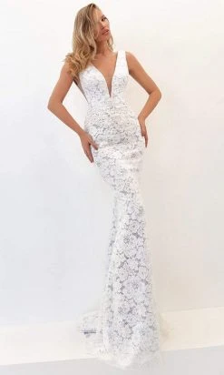 Tarik Ediz - 50732 Embellished Deep V-neck Dress With Overskirt Formal Gowns