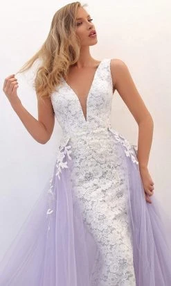 Tarik Ediz - 50732 Embellished Deep V-neck Dress With Overskirt Formal Gowns