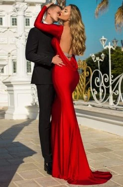 Tarik Ediz - 50756 Long Sleeve Bateau Embellished Trumpet Dress Formal Gowns