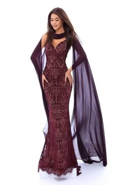 Formal Gowns Tarik Ediz - 93435 Lace V-neck Sheath Dress With Shawl