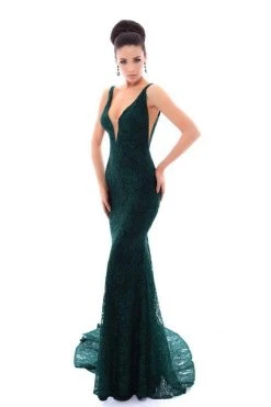 Tarik Ediz - 93455 Lace Deep V-neck Jersey Sheath Dress Formal Gowns