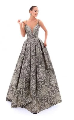 Tarik Ediz - 93483 Floral Plunging Pleated Ballgown Formal Gowns