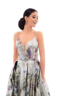 Tarik Ediz - 93483 Floral Plunging Pleated Ballgown Formal Gowns